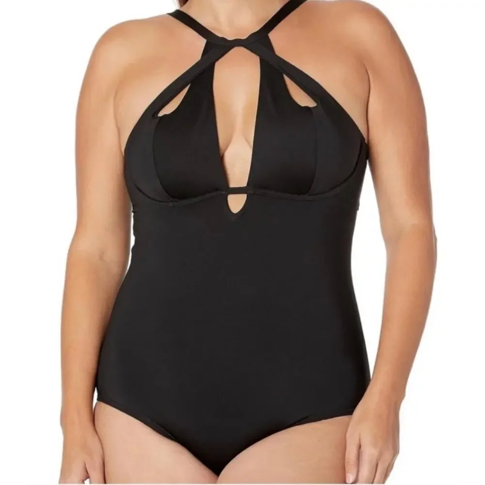 City Chic Cancun Underwire one-piece swimsuit black plunging neckline,size large